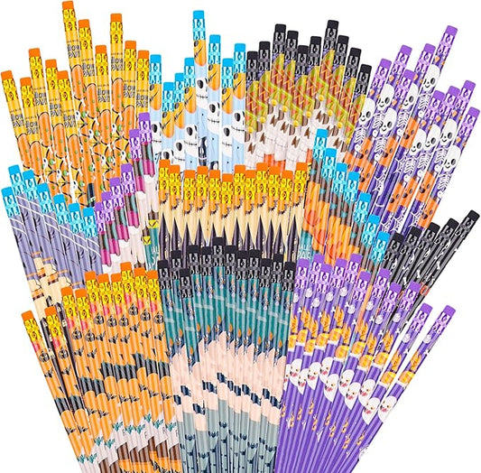 Kolewo4ever 100 Pieces Halloween Pencils Ghost Pumpkin Wood Pencils with Eraser Tops,Assortment Halloween Stationery Pencil for Halloween Party Favors,12 Styles
