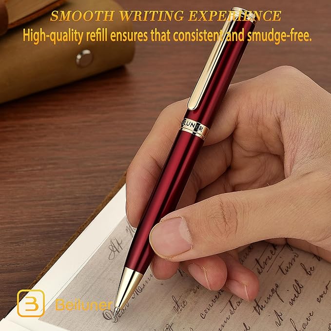 BEILUNER Red Lacquer Gel Pen With 24K Gold Finish, Retractable Pens, Gift Pen Set, Professional, Elegant, Writing, Executive, Office, Nice Fancy Designer, Perfect for Men and Women