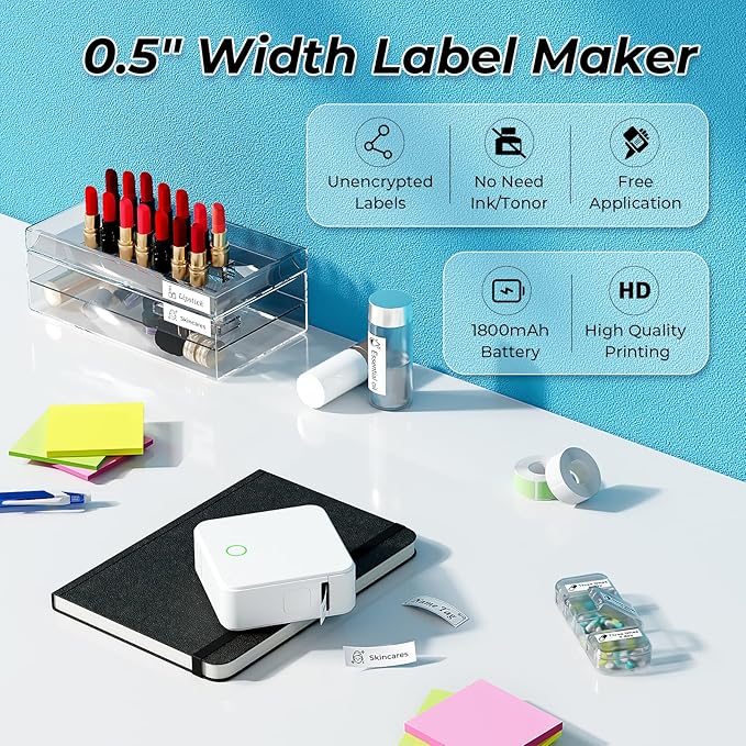 Label Maker Machine with Tape P0 Rechargeable Bluetooth Mini Label Printer Portable Small Thermal Labeling Machine Easy to Use for Home Office School Organization Battery Included White