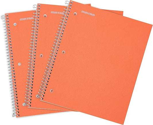 Mintra Office Durable Spiral Notebooks, 1 Subject, (Orange, Wide Ruled 3 Pack), 100 Sheets, Poly Pocket, Moisture Resistant Cover, Strong Chipboard back, For School, Office, Business