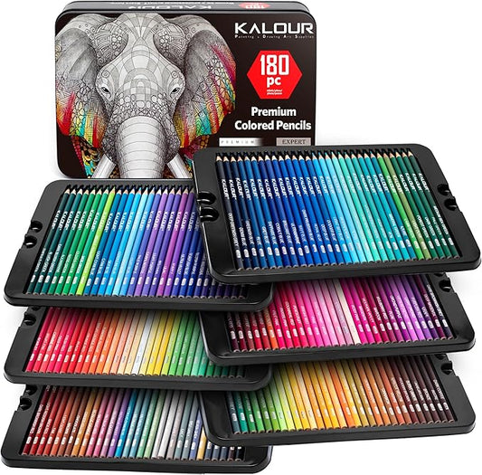 KALOUR 180 Colored Pencil Set for Adults Artists - Rich Pigment Soft Core -12 Metallic Pencil - Ideal for Coloring Drawing Sketching Shading Blending - Vibrant Color（Tin Case）
