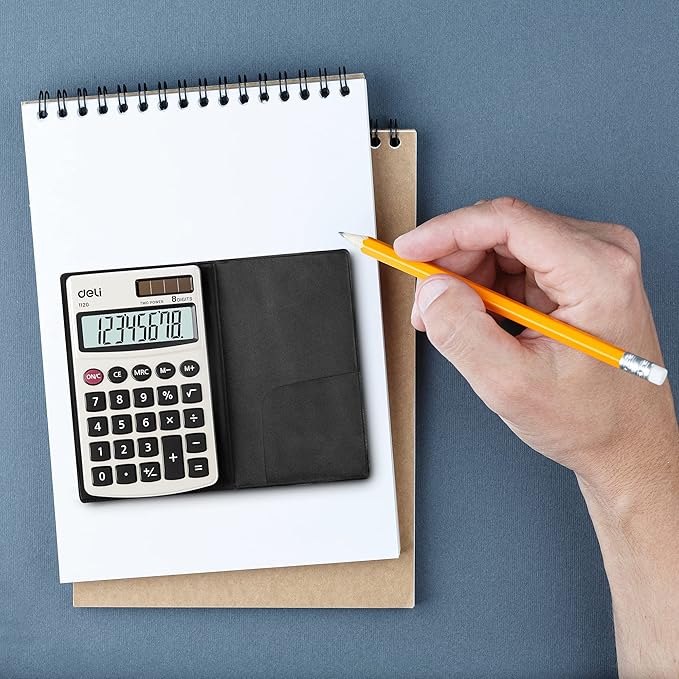 Calculator, Deli Standard Function Basic Calculators, Solar Battery Dual Power Office Calculator with Cover, Metal Panel