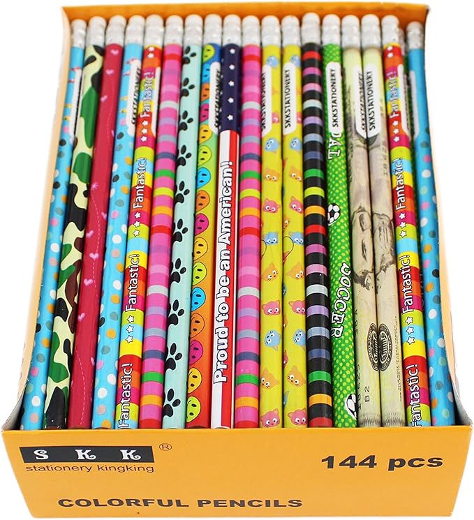 SKKSTATIONERY Assorted Colorful Pencils, Wooden Pencil with Eraser, Pencil Assortment, Novelty Kids Pencils，Awards & Incentives, No.2 HB, Back to school, 12 Assorted Colors 144/box.