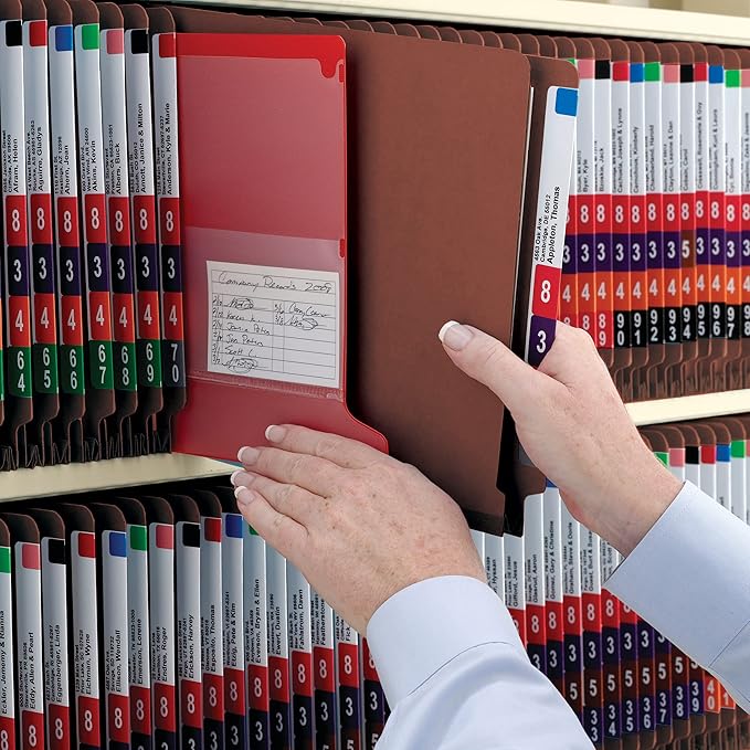 Smead 100% Recycled End Tab Pressboard Classification File Folder with SafeSHIELD Fasteners, 2 Dividers, 2" Expansion, Legal Size, Red, 10 per Box (29860)