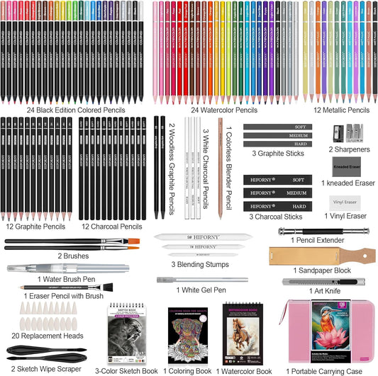 HIFORNY 136 PCS Drawing & Sketching Set,Pro Art Supplies with Graphite,Charcoal,Colored,Watercolor,Metallic Pencils,Blending Tools,Sketchbook,Watercolor Book and Coloring Book in Zipper Case (Pink)