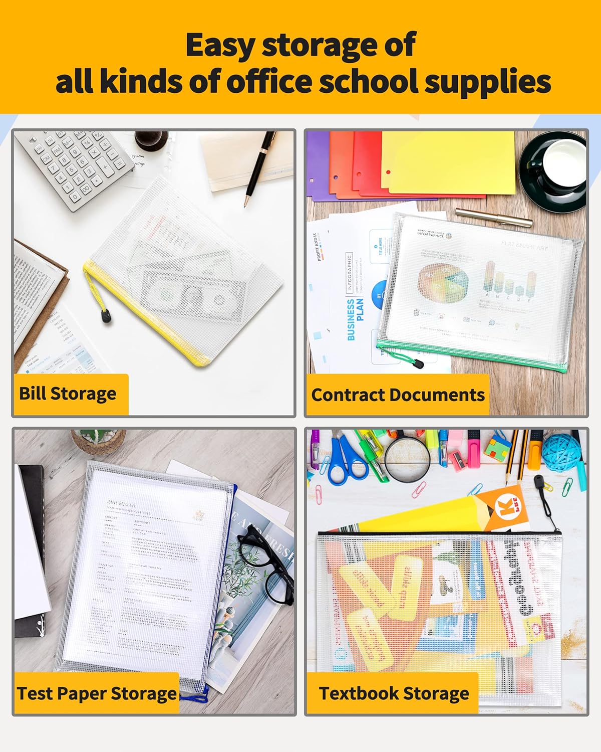 SUNEE Mesh Zipper Pouch 9.2x12.5 in (6 Colors, 24 Packs),Extra Large Water-Resistant Zip Bag for School Office Supplies, Puzzles & Games Organizing Storage