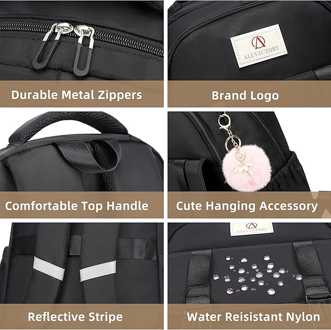 AO ALI VICTORY Laptop Backpack 16 Inch Kids Elementary Middle High School Bag College Backpacks Women Work Business Back Pack Travel Rucksack Large Bookbag for Teens Girls Womens Students,Black