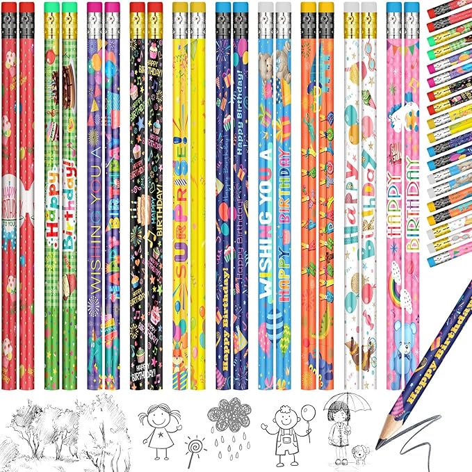 Funrous 500 Pcs Happy Birthday Pencils for Students Bulk Colorful Pencils with Top Erasers for Teachers Classrooms Reward Kids Birthday Party Supplies Gifts, 10 Assorted Style