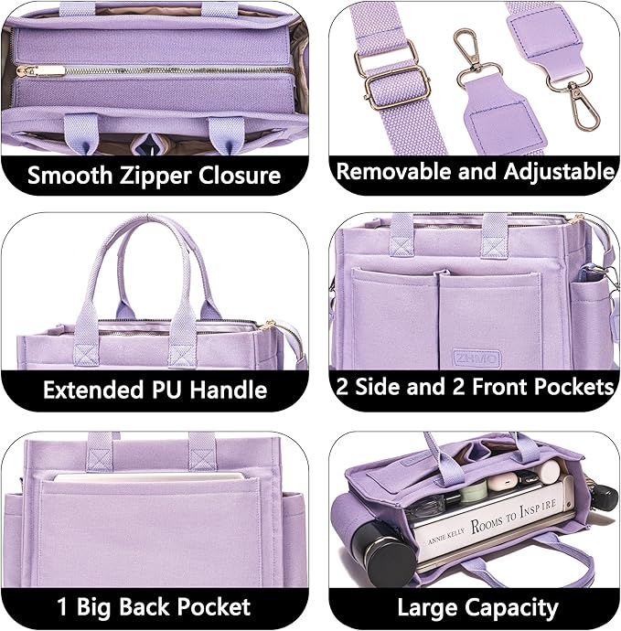 Tote Bag for Women With Compartments,Large Canvas Tote Women's Purse Crossbody Bags Work Laptop Book Bag Satchels Handbags