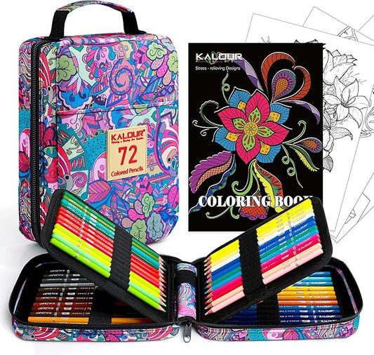 KALOUR 72 Colored Pencils for Adult Coloring Book,With Coloring Book,Zipper Slot Pencil Case,with Sharpener,Soft Core,7 Metallic Color,Ideal for Layering Blending,for Artists Beginners Kids(Pink)