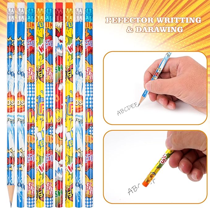 Kolewo4ever 200 Pieces Hero Text Pencils Cylinder Wood Pencils Pow Snap Wham Bang Elements Pencil 4 Style Assorted Kids Pencil for Classroom Rewards Carnival Prizes