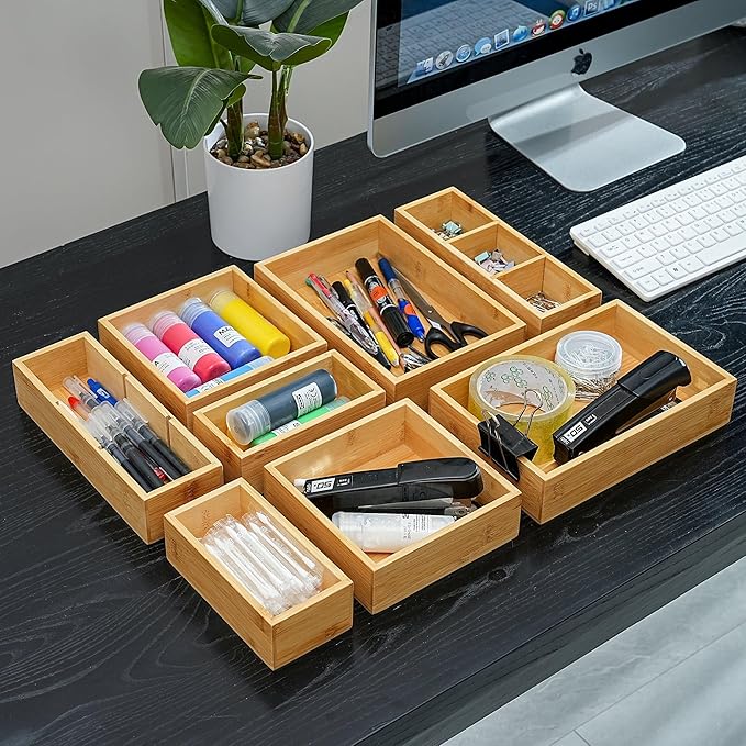 Fabsome Drawer Organizer, Set of 9 Bamboo Wood Kitchen Makeup Desk Junk Tea Drawer Storage Boxes Bins for Cutlery Silverware Utensils Flatware, Small Wooden Container Tray for Bathroom, Office