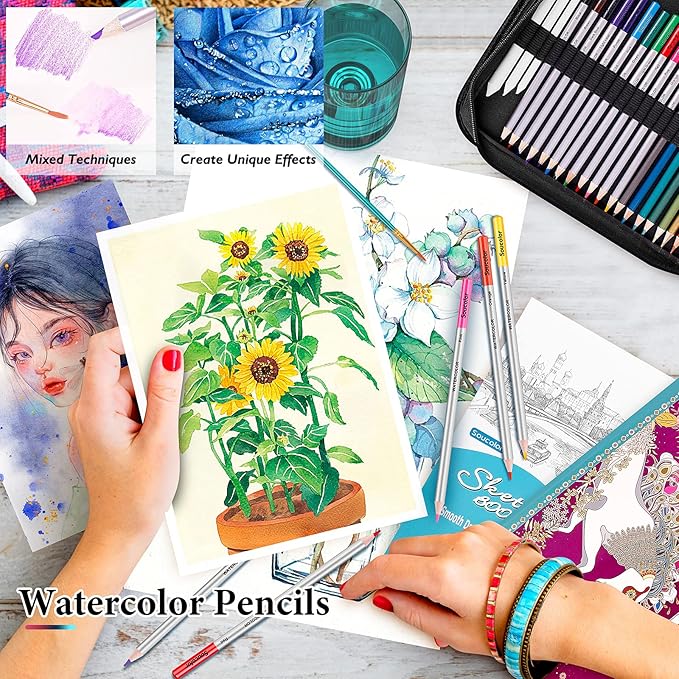Soucolor 73 Pack Art Supplies Sketching Kit for Adults Kids Teen Gifts, School Supplies, Drawing Sketching Pencils with Sketchbook, Coloring Book, Colored Watercolor Metallic Graphite Charcoal Pencils