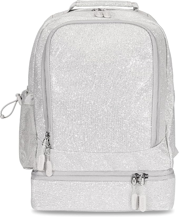 Bentgo Kids 2-in-1 Backpack & Insulated Lunch Bag - Glitter Designed 16” Backpack for School & Travel -, Durable, Water Resistant, Padded, & Large Compartments (Glitter Edition - Silver)