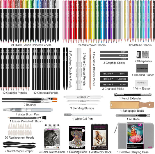 HIFORNY 136 PCS Drawing & Sketching Set,Pro Art Supplies with Graphite,Charcoal,Colored,Watercolor,Metallic Pencils,Blending Tools,Sketchbook,Watercolor Book and Coloring Book in Zipper Case (Grey)