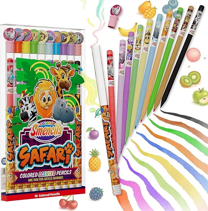 Safari Colored Smencils - Patented Gourmet Scented Colored Fun Pencils - Made from Recycled Newspapers, 10 Count - Gifts for Kids, School Supplies, Classroom Rewards, Student Prizes