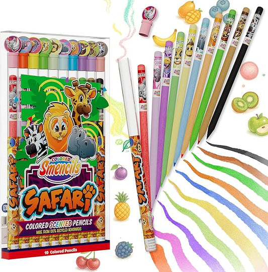 Safari Colored Smencils - Patented Gourmet Scented Colored Fun Pencils - Made from Recycled Newspapers, 10 Count - Gifts for Kids, School Supplies, Classroom Rewards, Student Prizes