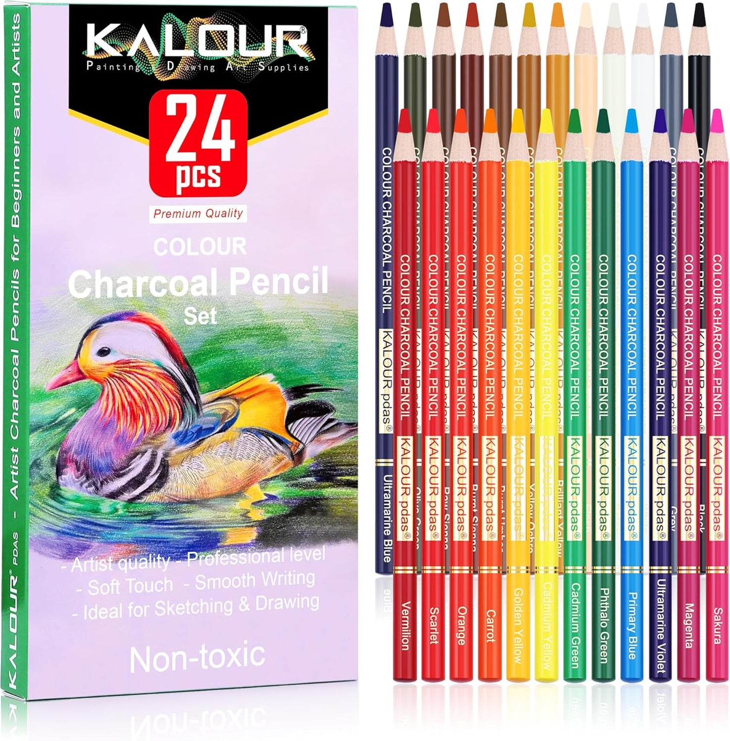 KALOUR PDAS 24 Premium Colored Charcoal Pencils Drawing Set, Quality Pastel Chalk Pencils, Skin Tone Colored, for Coloring, Sketching, Drawing, Layering & Blending for Beginners & Artists