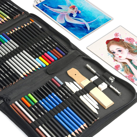 KALOUR 76pc Art Supply Set - Sketching & Drawing Kit with Tutorial Book, Sketchbook & Paper - Pencils, Pastels, Watercolors for Beginner Artists