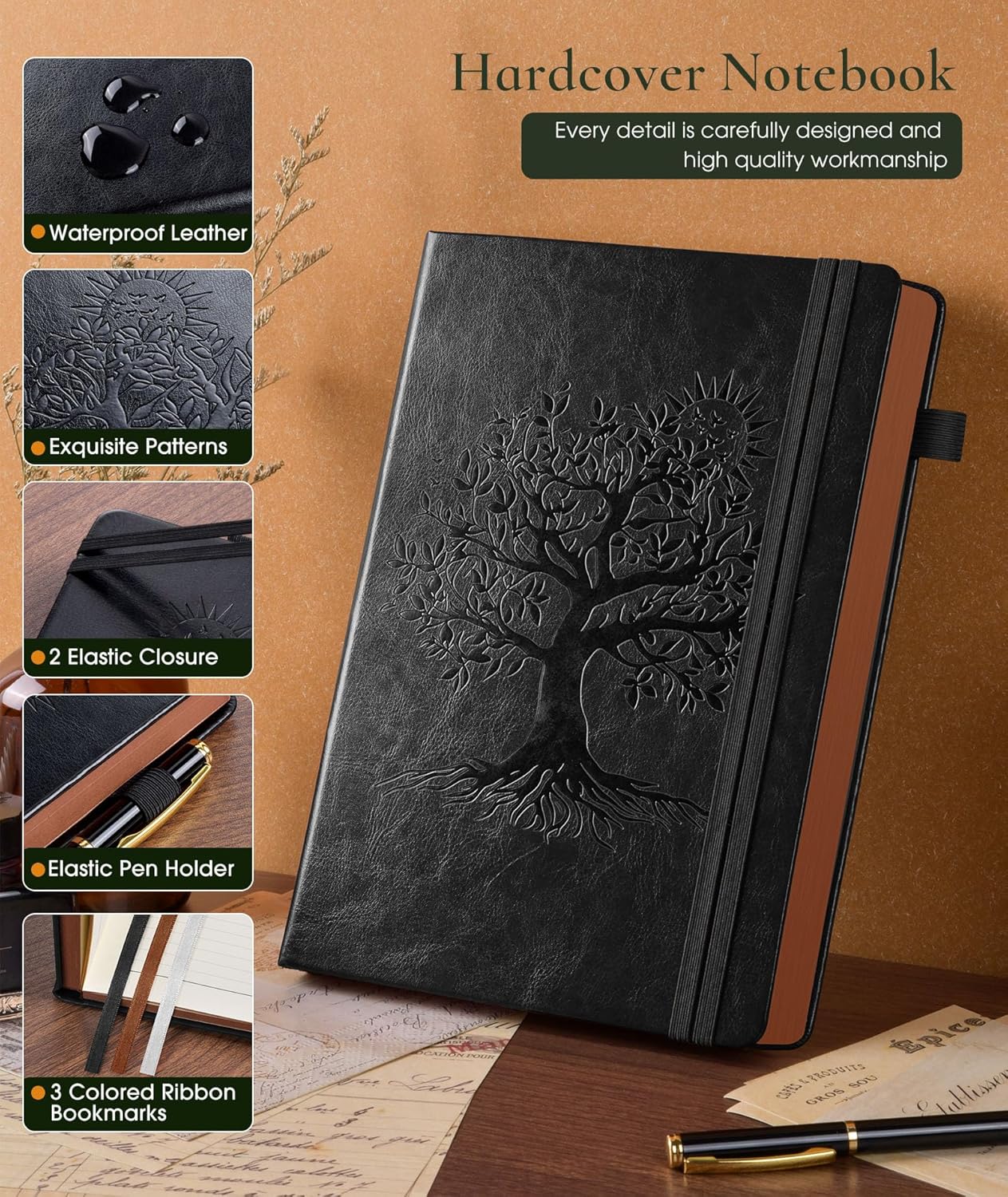 Vintage Leather Journal - 300 Page Lined Journal Notebook with Numbered Pages,A5 Notebook for Women Men,Travel Diary,Daily Journal for Writing, Note Taking, School & Work (5.8" x 8.3")