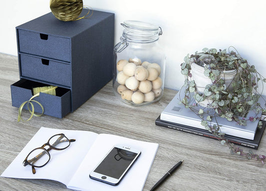 Bigso Box of Sweden Ingrid 3-Drawer Fiberboard Desk Organizer for Office Supplies and Accessories - Stackable Makeup Drawer Organizer - 6.3in x 9.9in x 8.1in - Blue