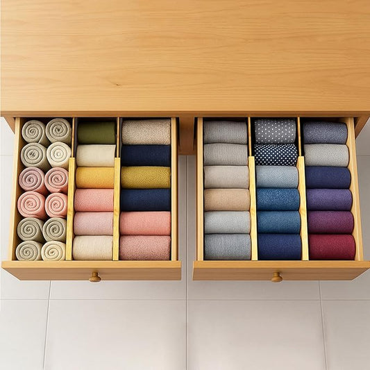 Adjustable Bamboo Drawer Dividers 6 Pack, Expandable Drawer Organizer for Kitchen, Bedroom, Bathroom, Dresser and Office, Each Divider Expands from 12" to 17.5" with – Free Mat Included in Package.