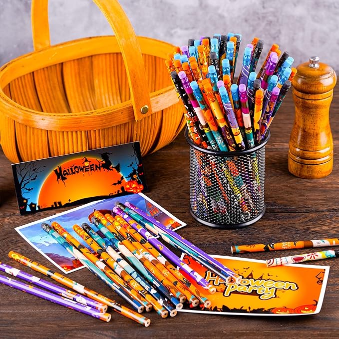 Kolewo4ever 200 Pieces Halloween Pencils Ghost Pumpkin Wood Pencils with Eraser Tops,Assortment Halloween Stationery Pencil for Halloween Party Favors, 12 Styles (200)