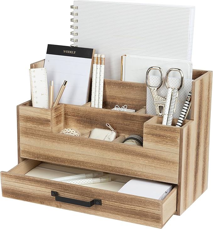 BLU MONACO Natural Wood Mail Organizer with Drawer, 5 Compartments, Desk Organizer for Women Office Desk Organization, 12.9x5.7x9 inches, 4.1 pounds