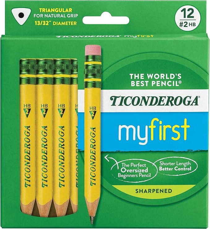 Ticonderoga My First Short Triangular Wood-Cased Pencils, 2 HB Soft, 12 Count Erasers, Pencil Shaped, 3-Pack Bundle