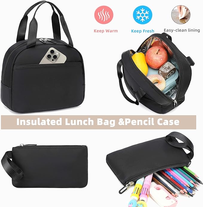 AO ALI VICTORY School Backpack for Girls Women 15.6 Inch Laptop Backpacks College Bookbag Cute Kids Elementary Middle High School Bag with Lunch Box Set for Teens Students Travel Daypack, Black Set