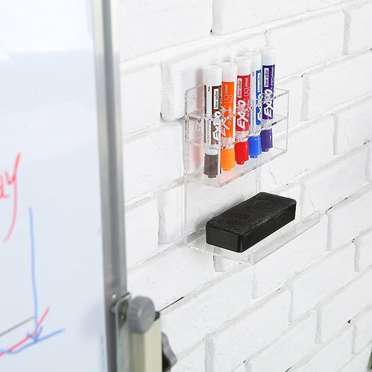 MyGift Wall Mounted Clear Acrylic Dry Erase Marker Holder Organizer for 5 Markers and Eraser, Hanging Whiteboard Accessories Rack for Office Home Dorm Classroom Meeting Room, Set of 2