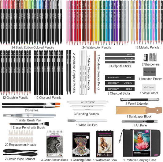 HIFORNY 136 PCS Drawing & Sketching Set,Pro Art Supplies with Graphite,Charcoal,Colored,Watercolor,Metallic Pencils,Blending Tools,Sketchbook,Watercolor Book and Coloring Book in Zipper Case (Black)