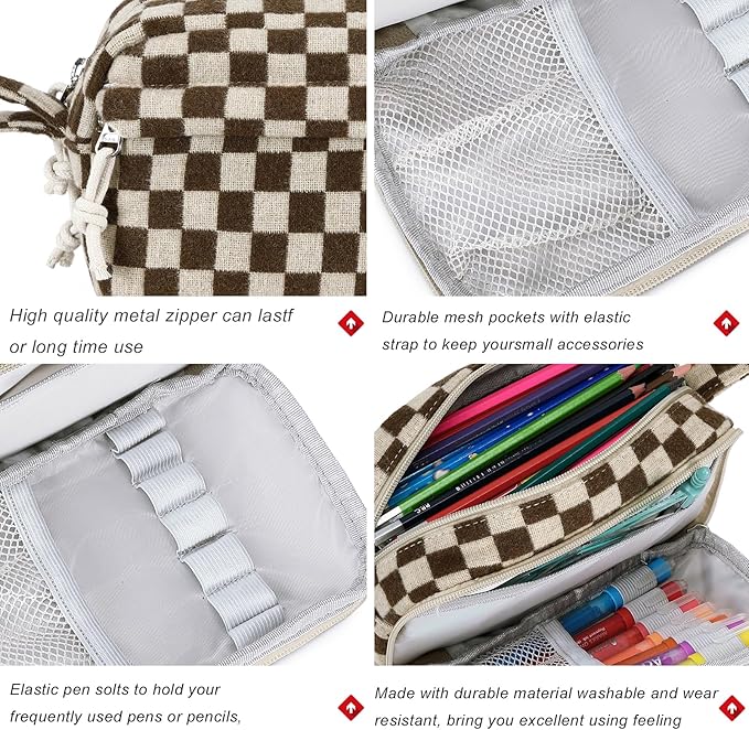 Bluboon Big Capacity Pencil Case Pencil Pouch Pen Case School Supplies Cute Pencil Box Pencil Bag for Teen Girls Boys Women Man (Khaki Brown Checked)