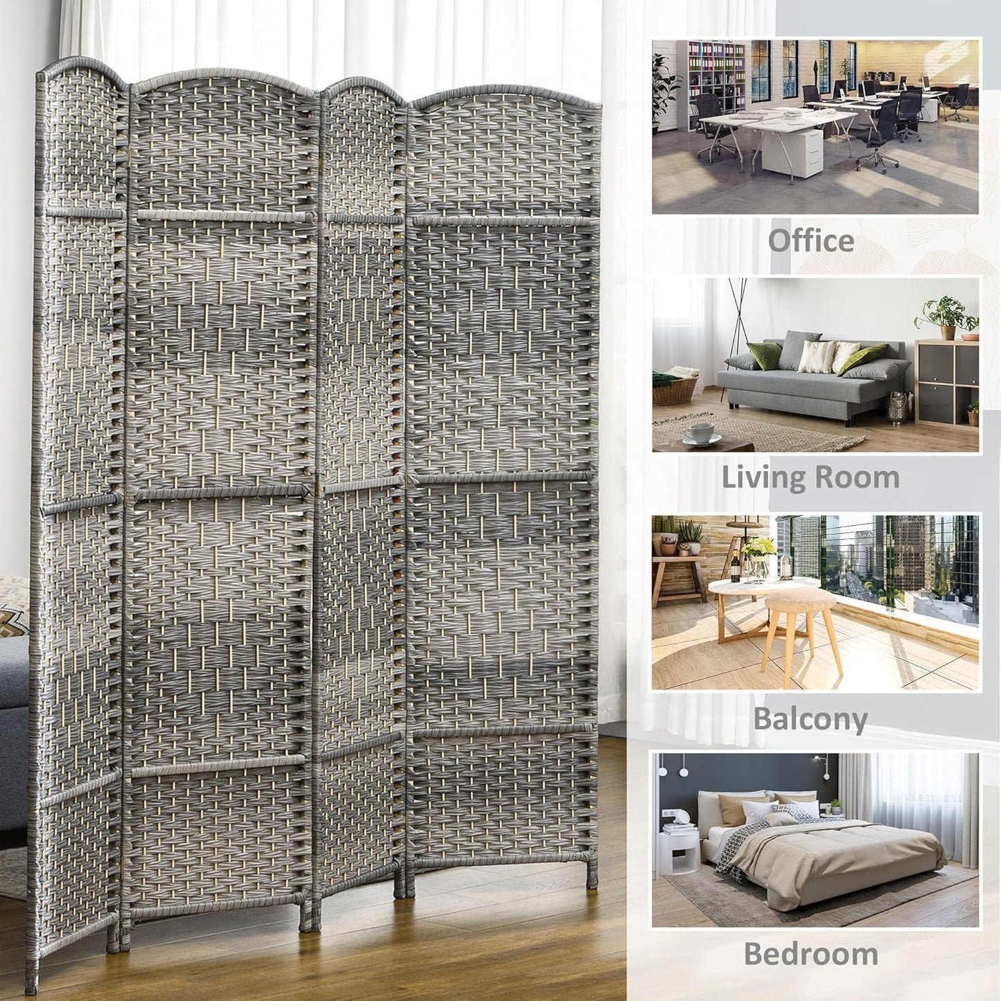 HOMCOM 6 Panel Room Divider, 6' Tall Folding Privacy Screen, Hand-Woven Freestanding Wall Partition for Home Office, Bedroom, Mixed Gray