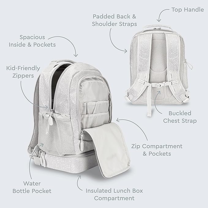 Bentgo Kids 2-in-1 Backpack & Insulated Lunch Bag - Glitter Designed 16” Backpack for School & Travel -, Durable, Water Resistant, Padded, & Large Compartments (Glitter Edition - Silver)