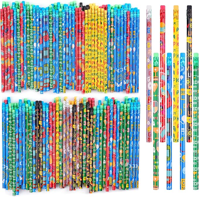 Kolewo4ever 200 Pieces Video Game Pencils Assortment Cylinder Wood Pencils with Various Game Pattern Icons for Party Favors Birthday Party Supplies