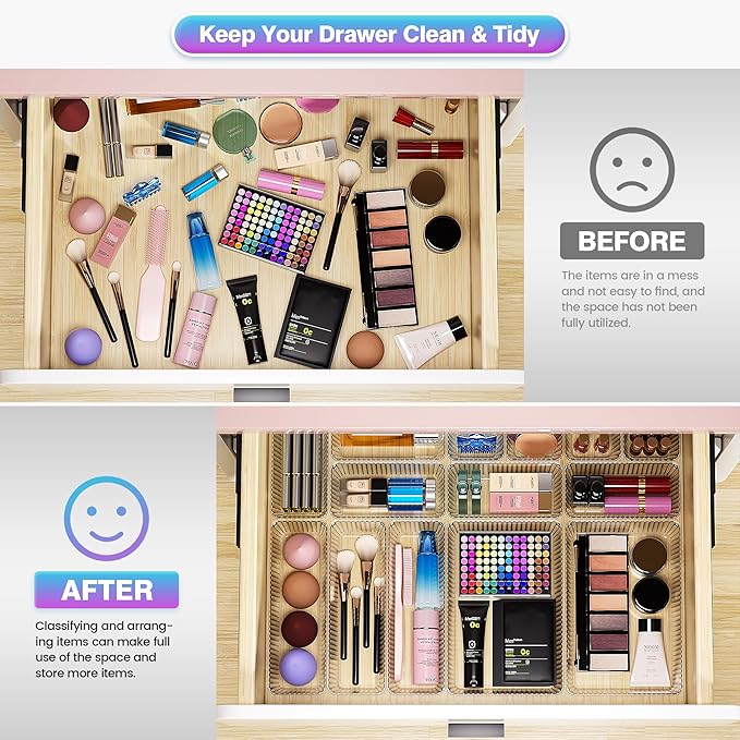 15 PCS Clear Plastic Drawer Organizer Set - 4 Sizes Makeup Organizer Desk Drawer Divider Bathroom Organizers and Storage Bins for Makeup, Jewelry, Gadgets, Office, Kitchen, Bedroom, Bathroom