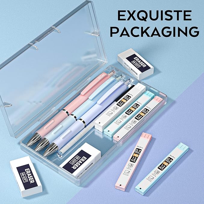 Nicpro 3PCS Cute Mechanical Pencil Set with Case, 0.7 mm Pencils with 6 Tube HB Lead Refill, 3PCS Eraser, 9PCS Eraser Refill for School Supplies Kid Student Writing, Drafting Drawing Sketching