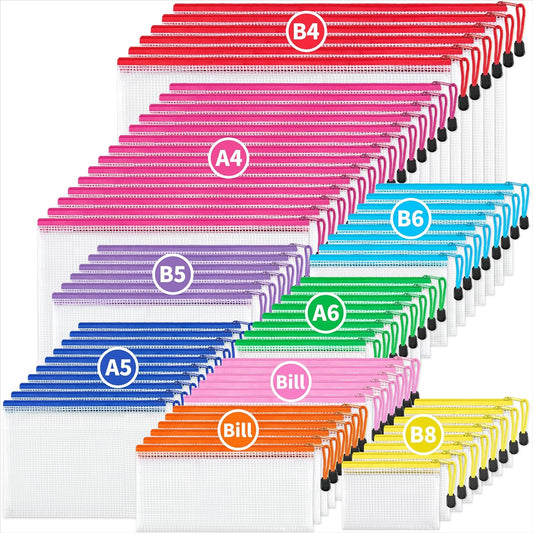 JARLINK 72 Pack 8 Sizes Mesh Pouch, 9 Colors, Waterproof Zipper File Bags Document Multipurpose Travel Bags for Office, School, Board Game, Puzzles, Cosmetics, Travel Accessories, and Home Organize