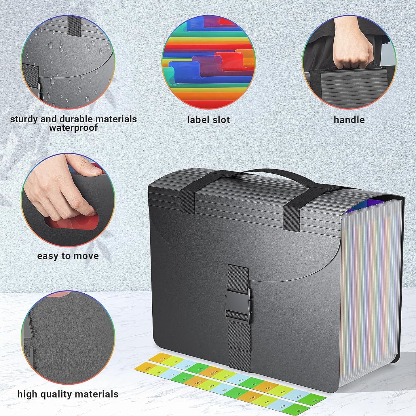 Marati 25 Pockets Expanding File Folders with Handle,Accordion File Organizer,Portable Filing Box,Colored Tabs for Document Paper,A4/Letter Size,Black