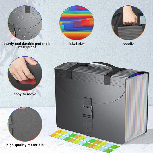 Marati 25 Pockets Expanding File Folders with Handle,Accordion File Organizer,Portable Filing Box,Colored Tabs for Document Paper,A4/Letter Size,Black