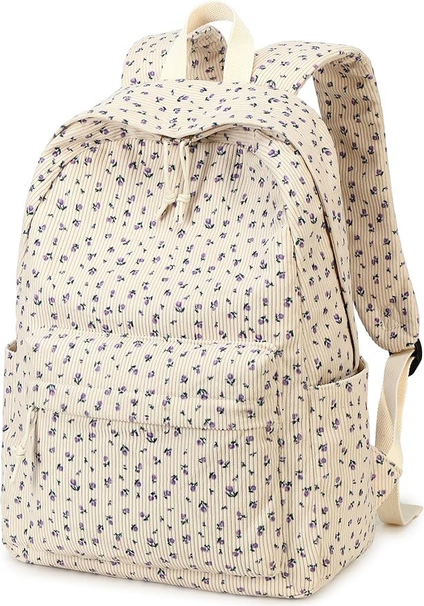 School Backpack for Teens Large Corduroy Bookbag Lightweight Girls Boys Casual High School College 17 inch Laptop Travel Bag (B-Purple flower)