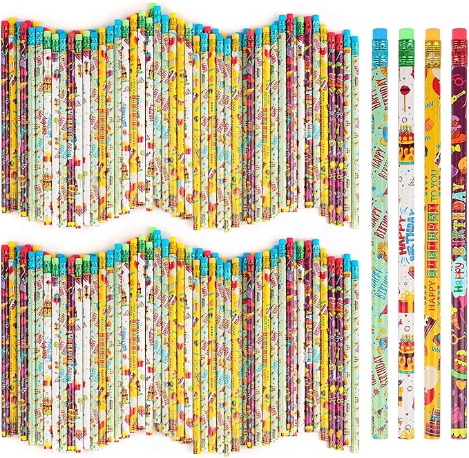 Kolewo4ever 100 Pieces Happy Birthday Pencils Colorful Printed Birthday Pencil with Top Erasers for Teachers Classrooms Reward Birthday Party Kids Gifts Supplie