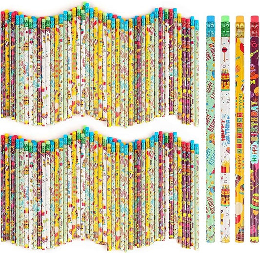 Kolewo4ever 100 Pieces Happy Birthday Pencils Colorful Printed Birthday Pencil with Top Erasers for Teachers Classrooms Reward Birthday Party Kids Gifts Supplie