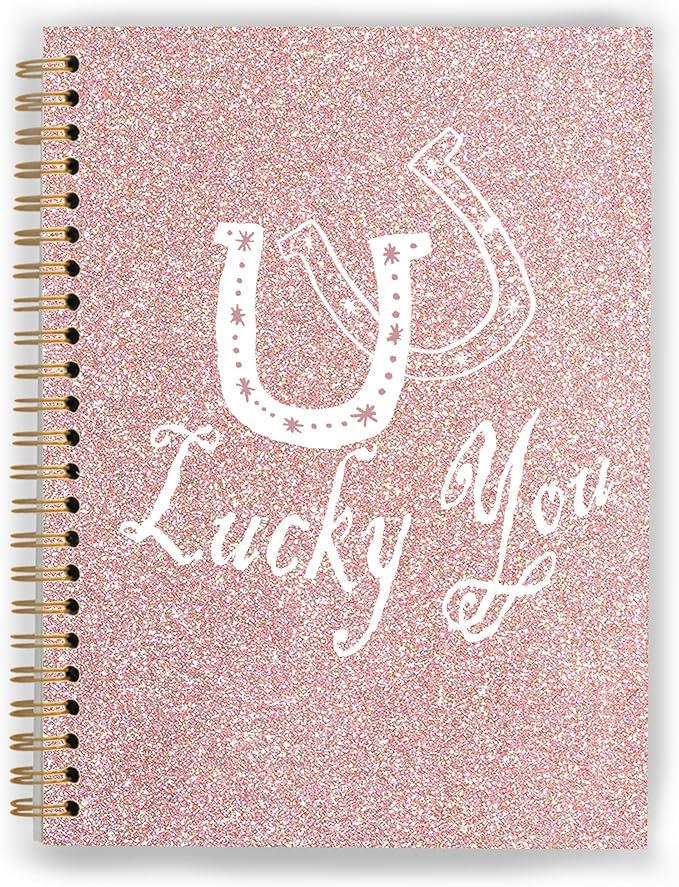 Lucky You Notebook, Preppy Aesthetic Journal, Preppy Pink Girly Cute Journals for Women, Sparkle Rose Gold Glitter Spiral Notebooks 5.5x8.3 Inch