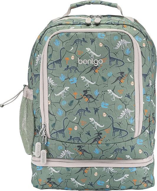 Bentgo Kids 2-in-1 Backpack & Insulated Lunch Bag - Durable 16” Backpack & Lunch Container in Unique Prints for School & Travel - Water Resistant, Padded & Large Compartments (Dino Fossils)