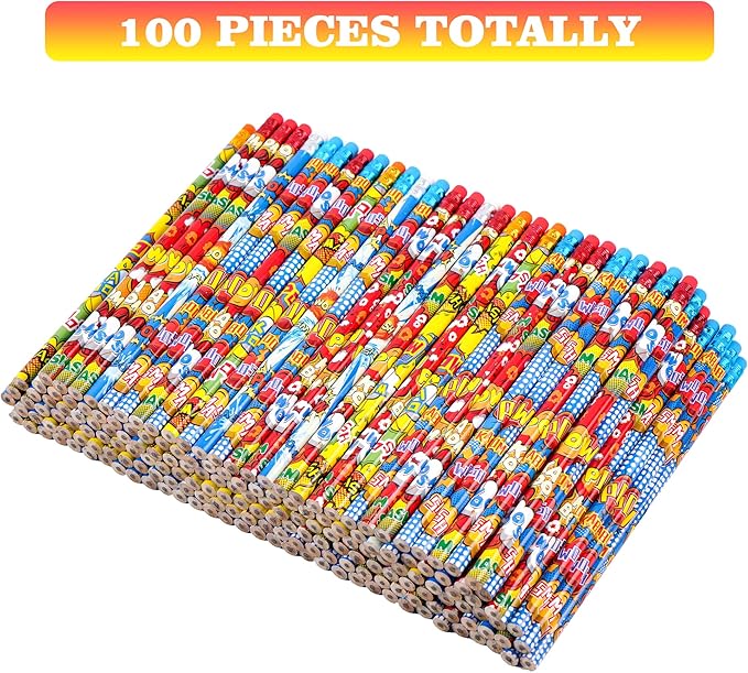 Kolewo4ever 100 Pieces Hero Cylinder Wood Pencils - Pow! Snap! Wham! Bang! Elements - 4 Style Assorted for Kids, Classroom Rewards, Carnival Prizes