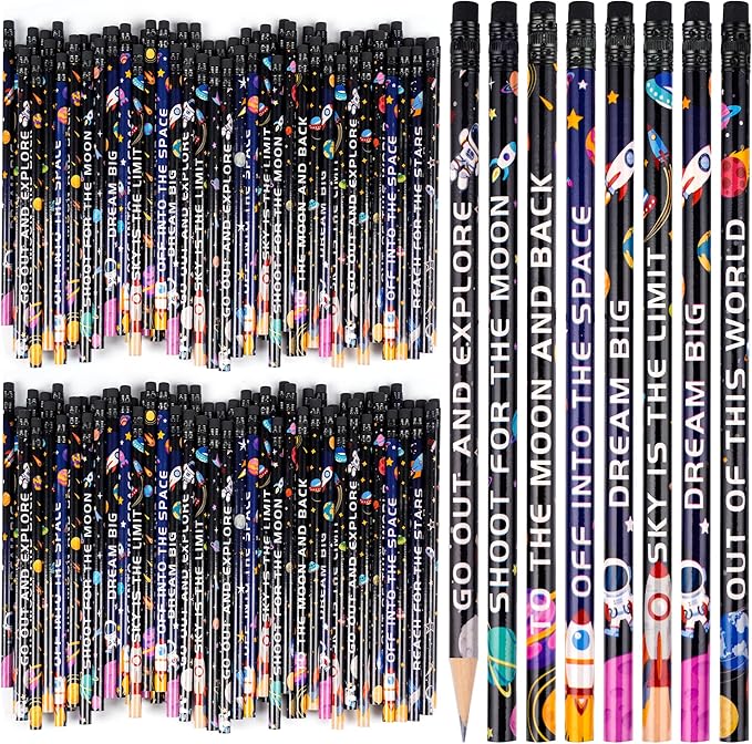 Kolewo4ever 200 Piece Space Theme Pencils Astronaut, Planet, Rocket Space Ship Designs Peccils for Classroom Rewards,Space Party Favors