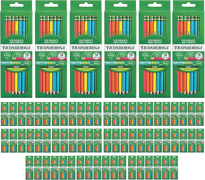 Ticonderoga Neon Pencils, #2 Pre-Sharpened Wood Pencils with Erasers, 18-Count, 13018 (Pack of 72, 1296 Count Total)