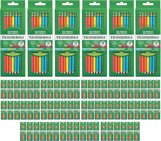 Ticonderoga Neon Pencils, #2 Pre-Sharpened Wood Pencils with Erasers, 18-Count, 13018 (Pack of 72, 1296 Count Total)